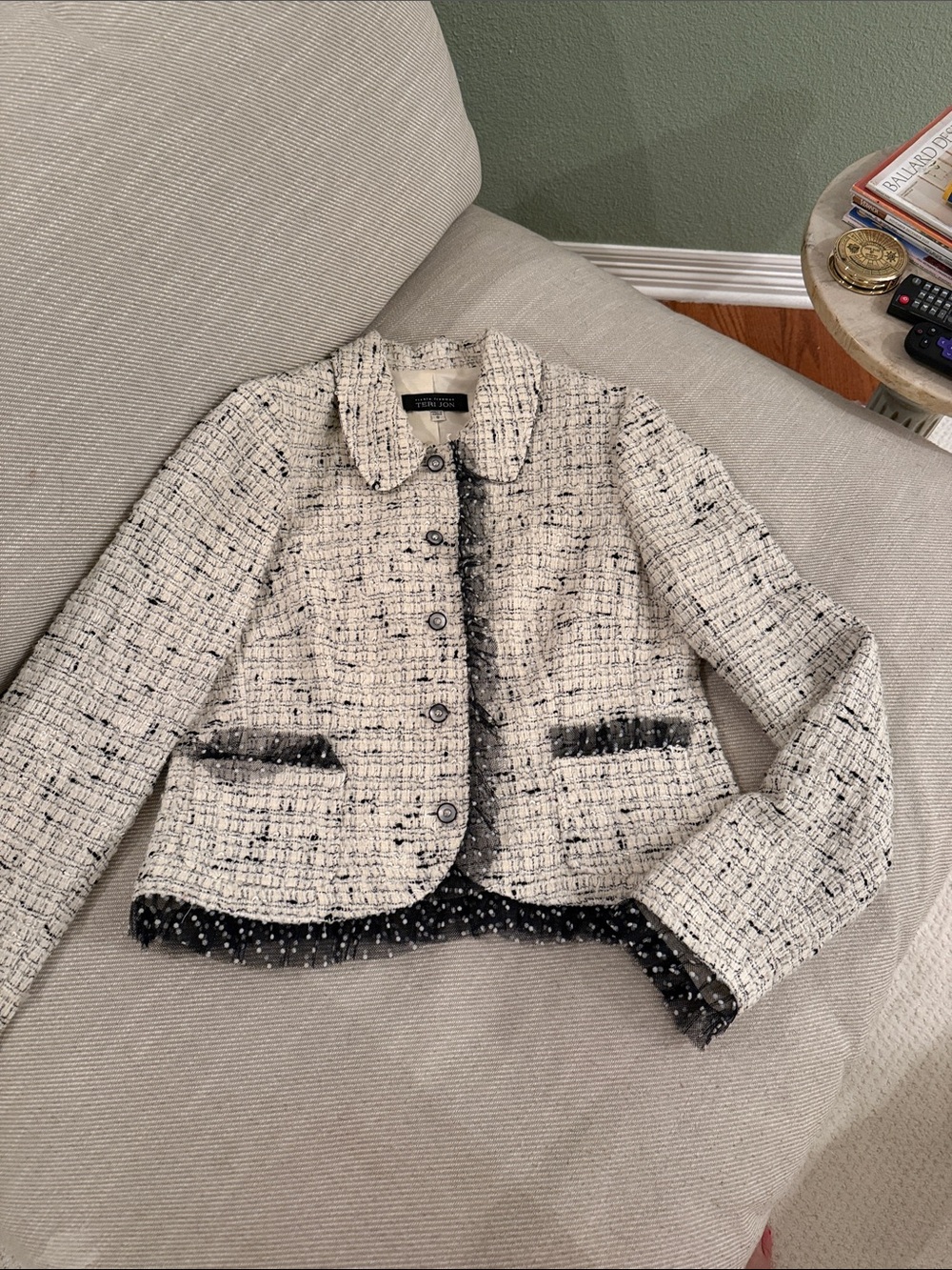 Textured Ivory Tweed Jacket with Black Trim